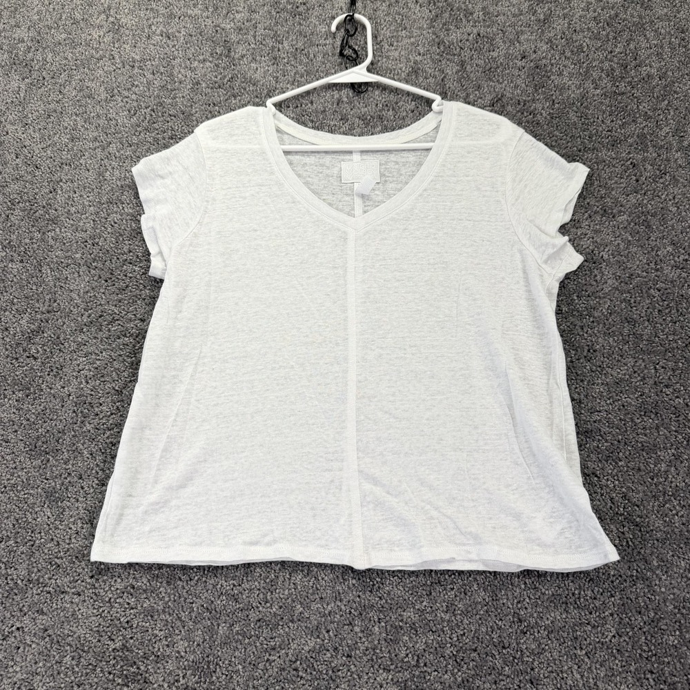Sigrid Olsen Shirt Womens L White 100% Linen Short Sleeve V Neck Casual Summer